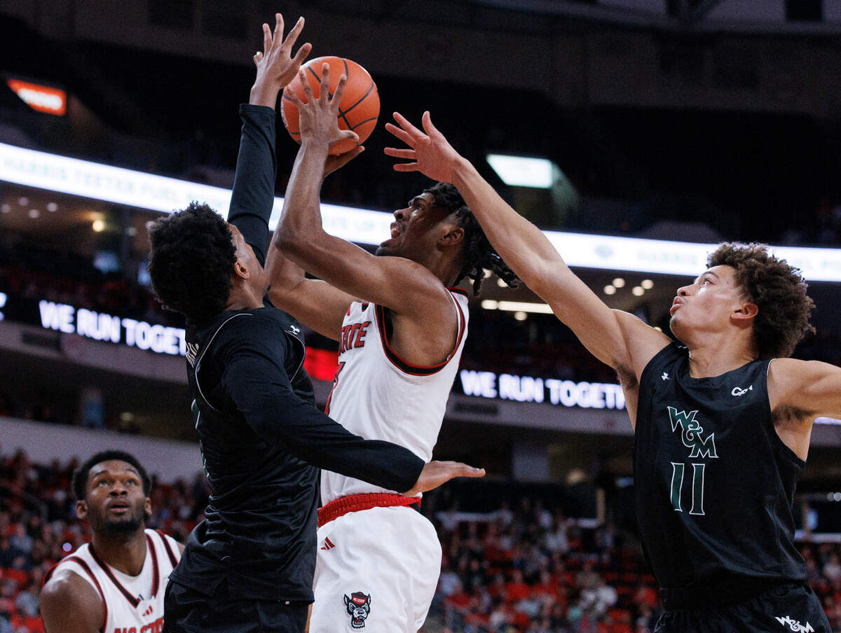 N.C. State’s Bryce Heard drives to the basket during the second half of the Wolfpack’s 84-61 win over William & Mary at Lenovo Center on Friday, Nov. 22, 2024, in Raleigh, N.C.
