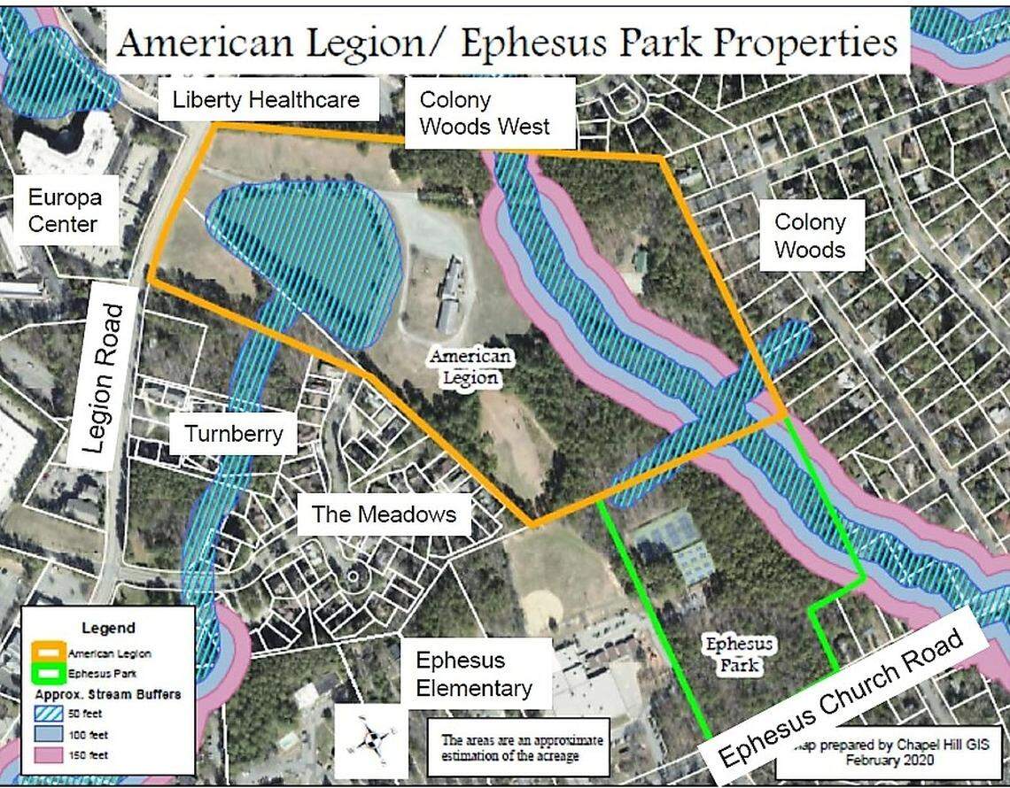 Roughly 28 acres of the 36-acre American Legion site in Chapel Hill are considered developable. The town could get another three acres by filling in a manmade pond (at left). A creek crosses the eastern portion of the site (at right).