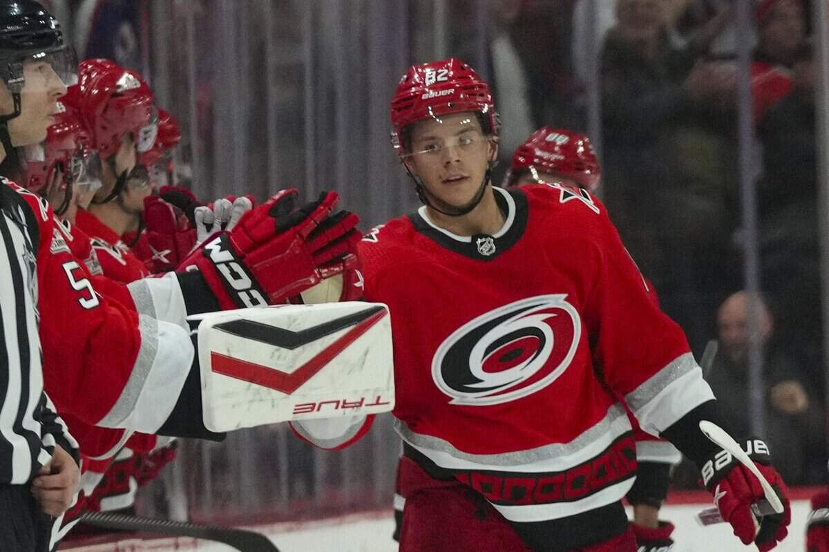 Mar 14, 2023; Raleigh, North Carolina, USA; Carolina Hurricanes center Jesperi Kotkaniemi (82) celebrates his goal against the Winnipeg Jets during the second period at PNC Arena. Mandatory Credit: James Guillory-USA TODAY Sports