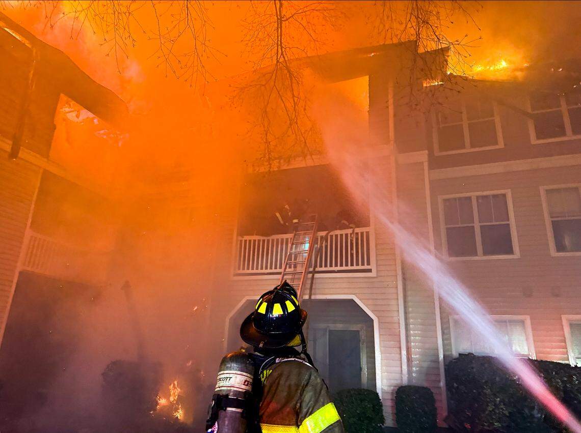 Firefighters battle a major blaze in Morrisville at the Camden Westwood Apartments at 2100 Summit Ridge Loop, Monday, Feb. 23, 2026.