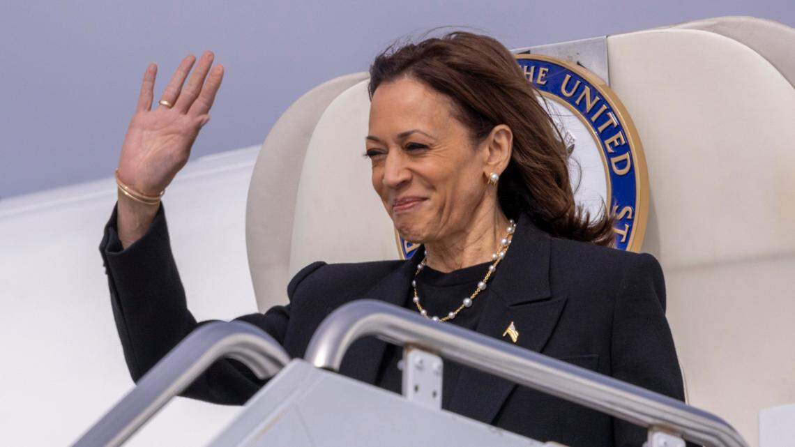 Vice President Kamala Harris arrives on Air Force 2 at Raleigh-Durham International Airport prior to a campaign rally at Coastal Credit Union Music Park at Walnut Creek in Raleigh on Wednesday, October 30, 2024.