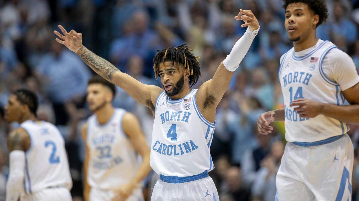 North Carolina’s R.J. Davis (4) reacts after sinking a three point basket to give the Tar Heels’ a four point lead with eight minutes to play in the second half against Duke during the first half on Saturday, March 4, 2023 at the Smith Center in Chapel Hill, N.C