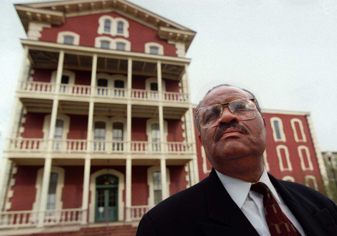 The Rev. Mark Sowell, a member of SNCC in 1960 stands by Estey Hall on the Shaw University campus. The group was founded at Shaw.