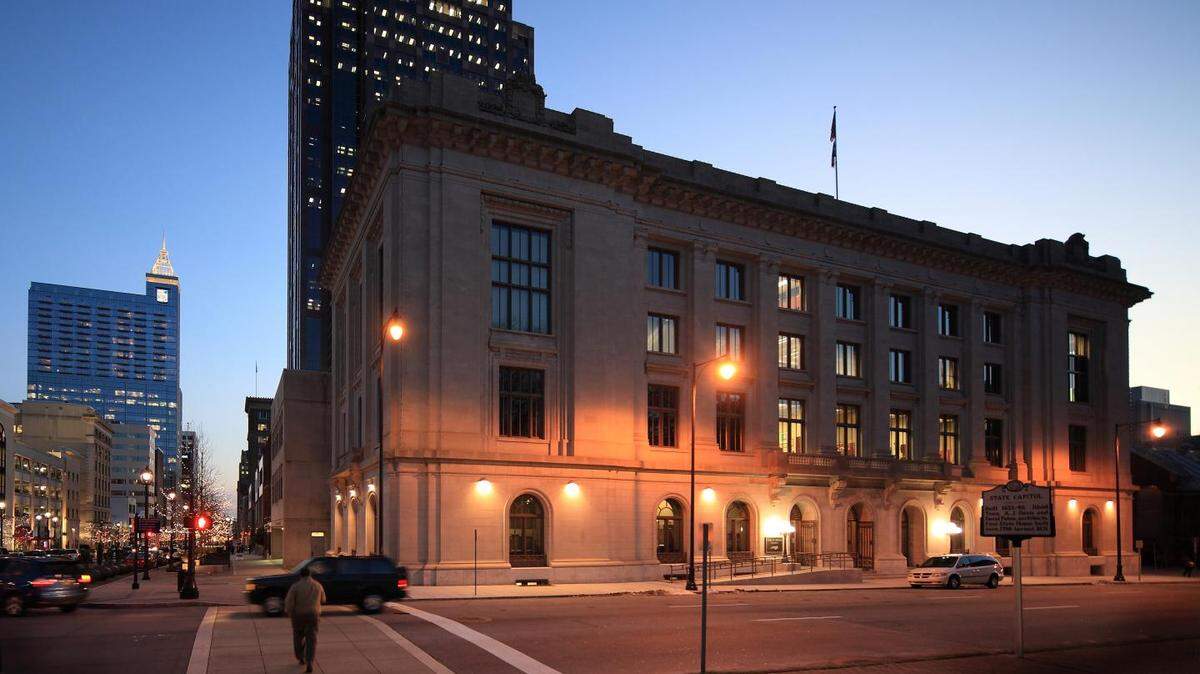 The North Carolina Court of Appeals building at dusk.