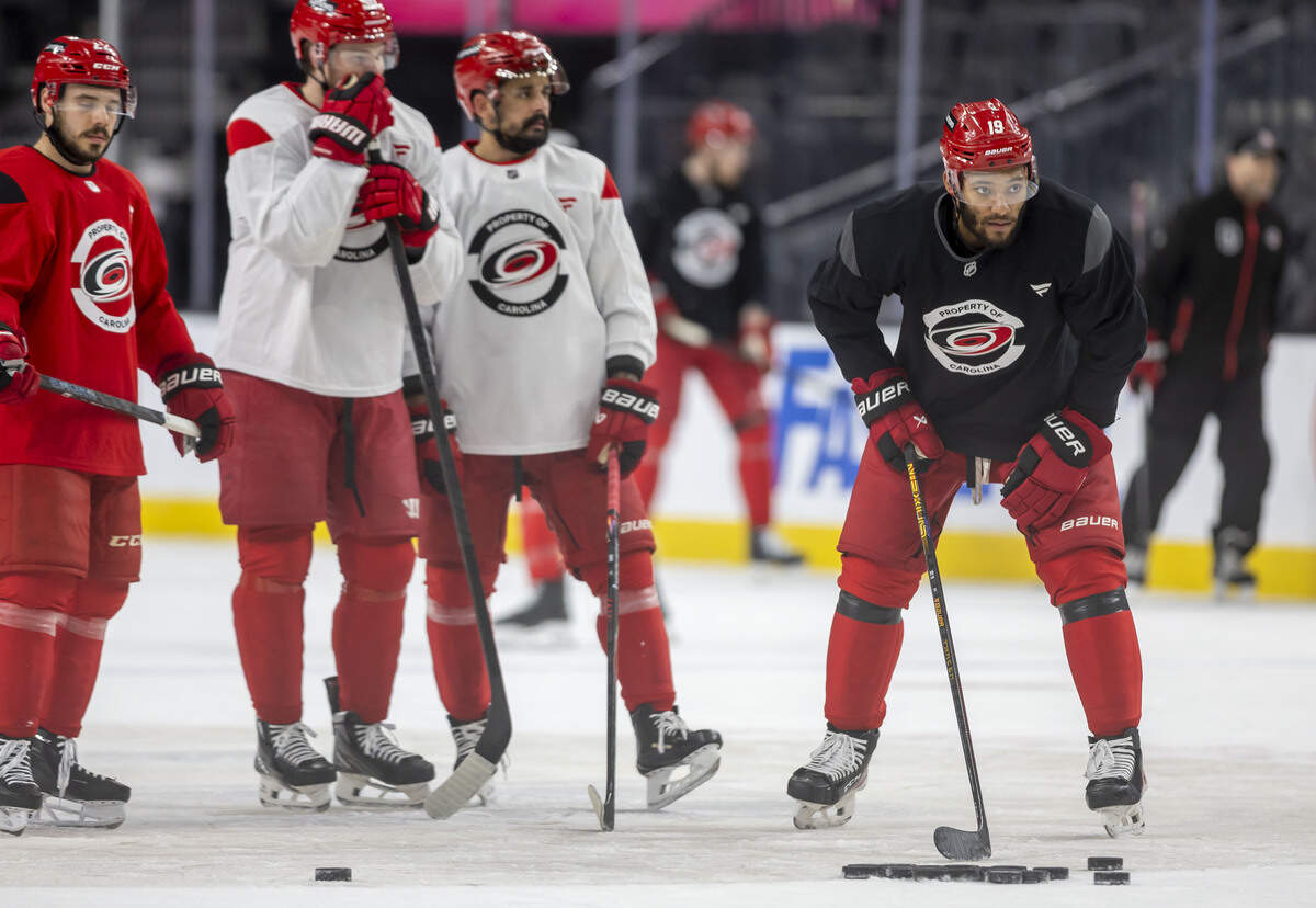 Carolina Hurricanes defenseman K’Andre Miller (19) works out with teammates during practice on Monday, June 8, 2026 at T-Mobile Arena in Las Vegas, NV.