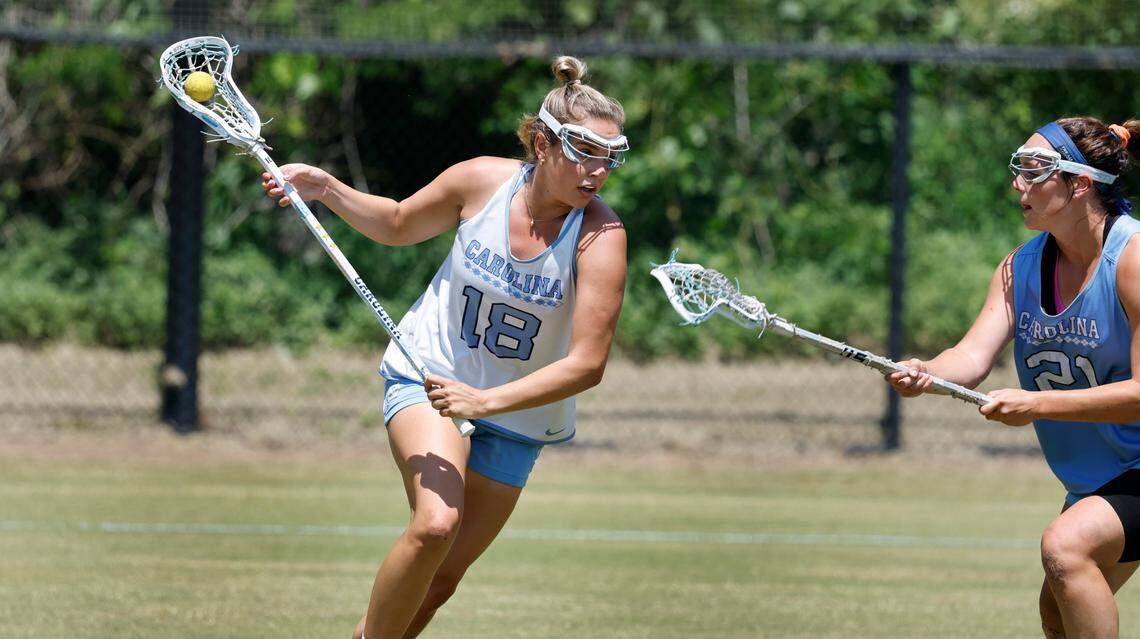 North Carolina’s Ashley Humphrey (18) works against Marissa White (21) during practice at UNC on Friday, May 2, 2025.