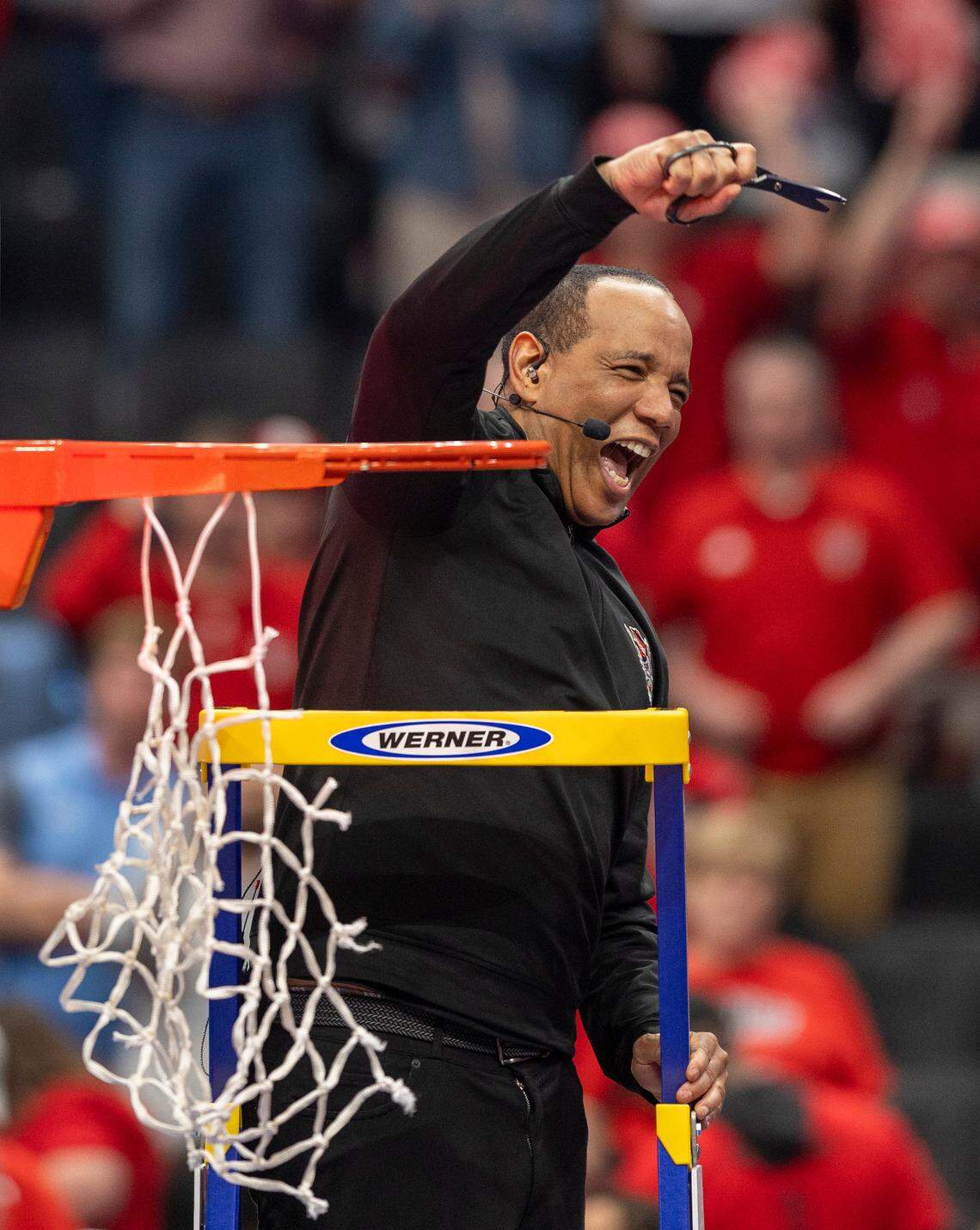 N.C. State coach Kevin Keatts cuts down the net following the Wolfpack’s 84-76 victory over North Carolina in the ACC Men’s Basketball Tournament Championship at Capitol One Arena on Saturday, March 16, 2024 in Washington, D.C.