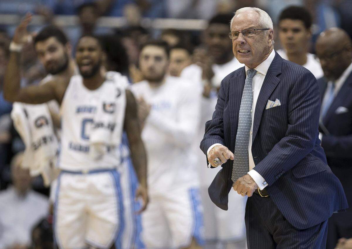 North Carolina coach Roy Williams reacts to a turnover during the first half against Stanford on Monday, Nov. 12, 2018, at the Smith Center in Chapel Hill, NC.