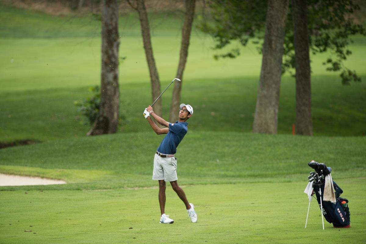 Wake Forest’s Akshay Bhatia hits his shot on the 15th hole during the final round of the 2018 Boys Junior PGA Championship held at Valhalla Golf Club in Louisville, Kentucky. Bhatia eagled the final hole to win by a stroke and repeat as champion.