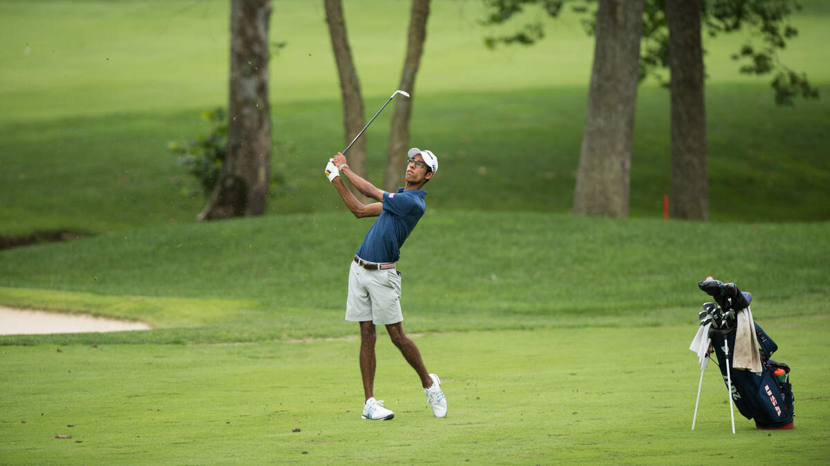 Wake Forest’s Akshay Bhatia hits his shot on the 15th hole during the final round of the 2018 Boys Junior PGA Championship held at Valhalla Golf Club in Louisville, Kentucky. Bhatia eagled the final hole to win by a stroke and repeat as champion.