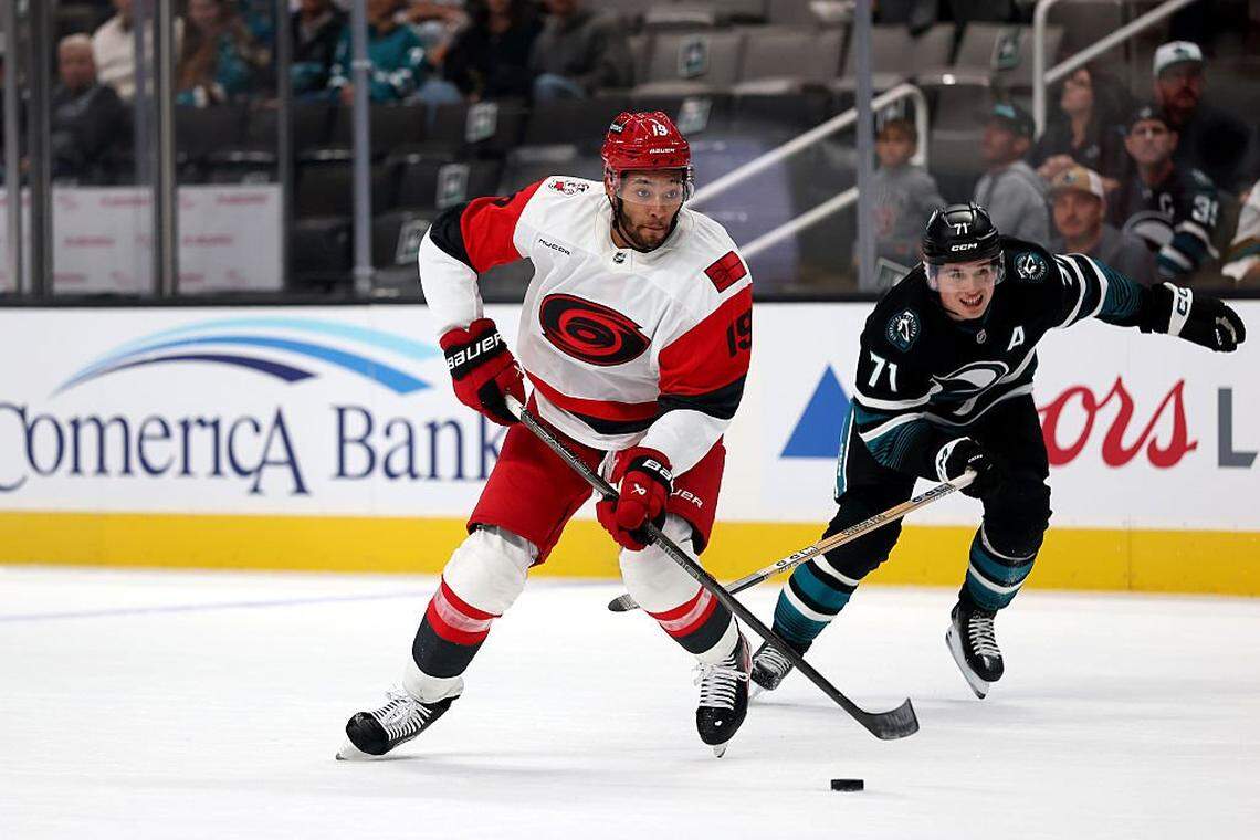 K’Andre Miller (19) of the Carolina Hurricanes in action against the San Jose Sharks at SAP Center on October 14, 2025 in San Jose, California.