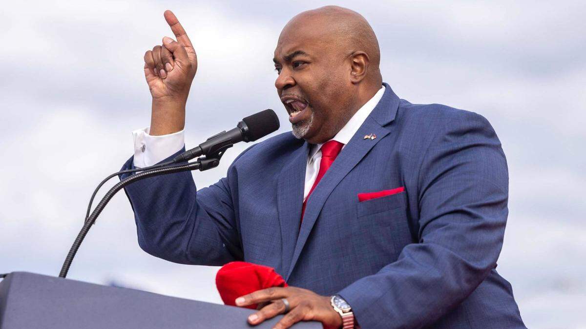 Lt. Gov. Mark Robinson speaks at a Trump rally on April 9, 2022, in Selma, North Carolina.