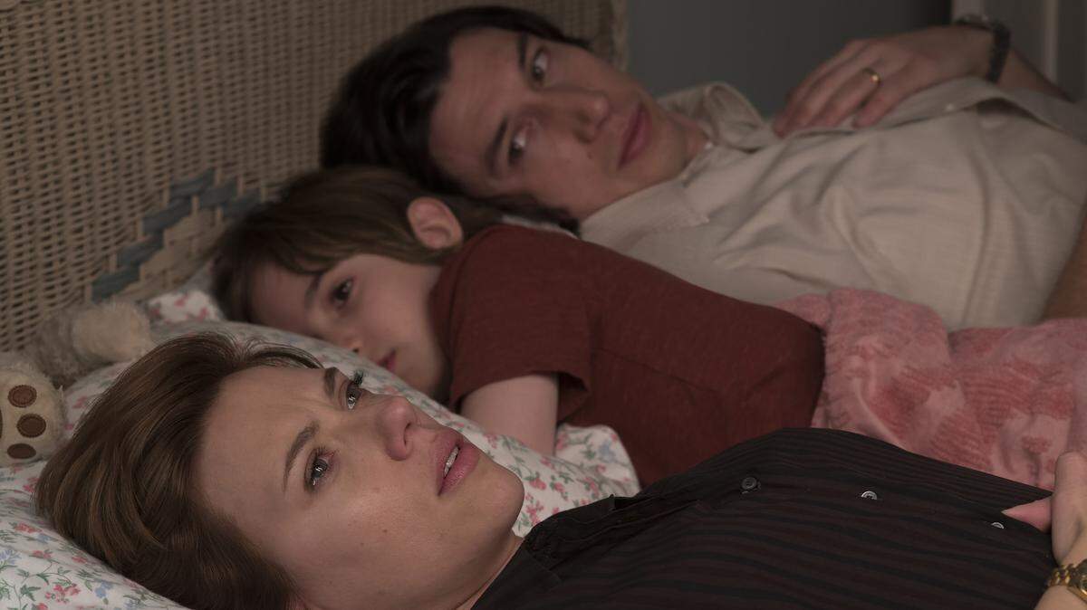 Scarlett Johansson, left, Azhy Robertson and Adam Driver in the movie “Marriage Story.”