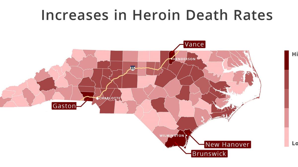 In Gaston, New Hanover, Brunswick and Vance counties, death rates from heroin overdoses grew 13-fold from 1999 to 2016.