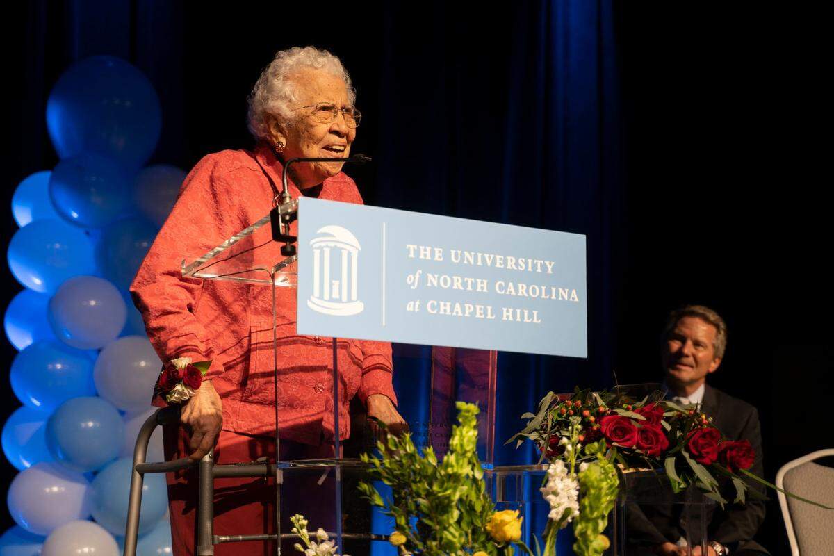 Hortense McClinton, the first Black faculty member at UNC-Chapel Hill, speaks at the Hortense McClinton Residence Hall Dedication Ceremony where a building is renamed in her honor at UNC in Chapel Hill, N.C. on Friday, May 13, 2022.