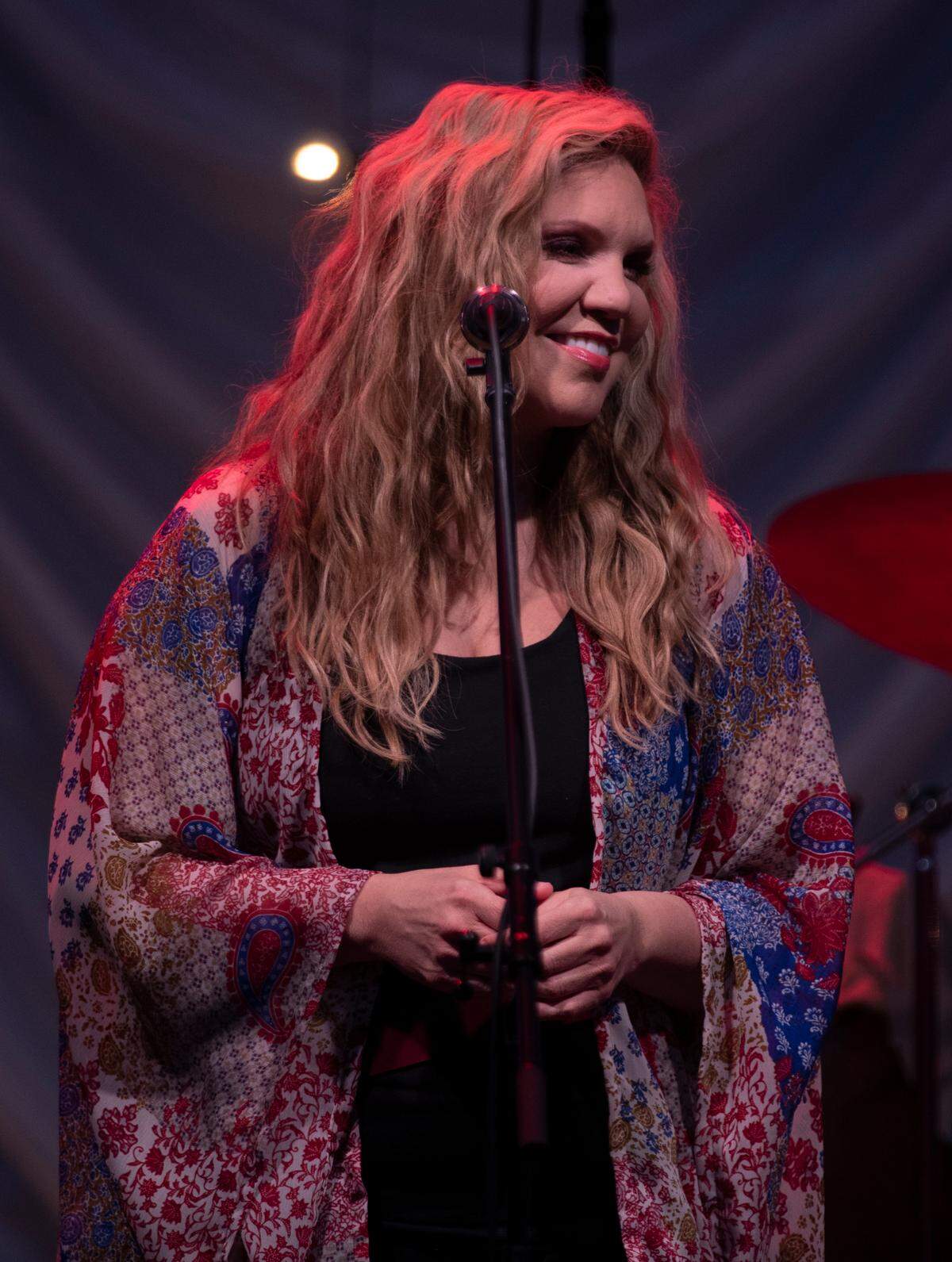 Alison Krauss in concert with Robert Plant on their “Raise the Roof Tour” Tuesday night, June 14, at Cary, N.C.’s Koka Booth Amphitheatre.