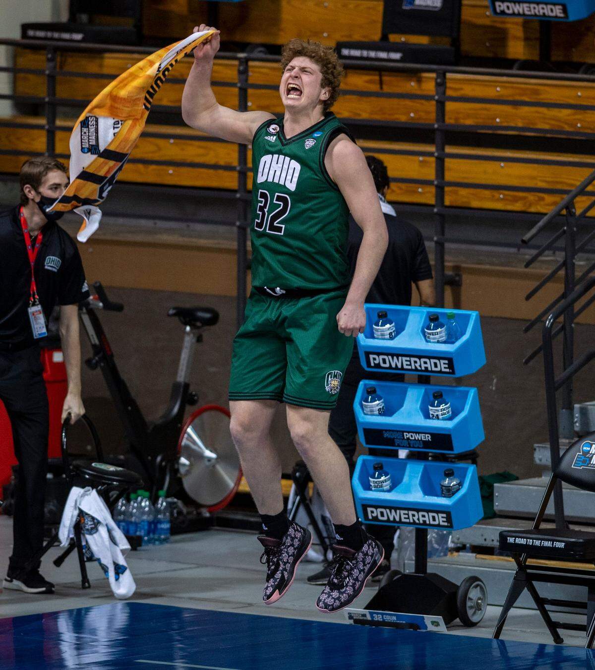 Ohio forward Colin Granger (32) celebrates the team’s lead over Virginia during the second half of a first-round game in the NCAA men’s college basketball tournament, Saturday, March 20, 2021, at Assembly Hall in Bloomington, Ind. 