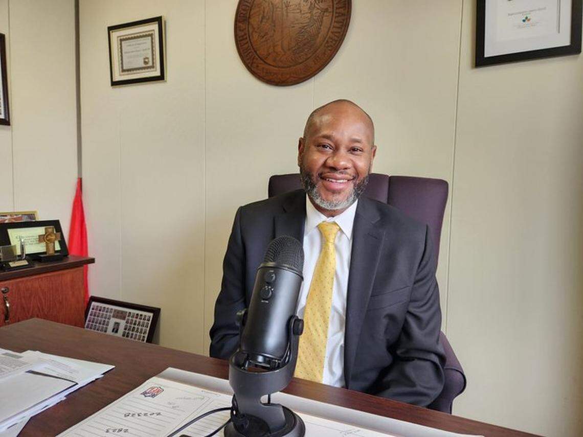 N.C. Rep. Amos Quick, pictured in his Legislative Office Building office on Feb. 16, 2023, before recording an episode of the Under the Dome politics podcast.