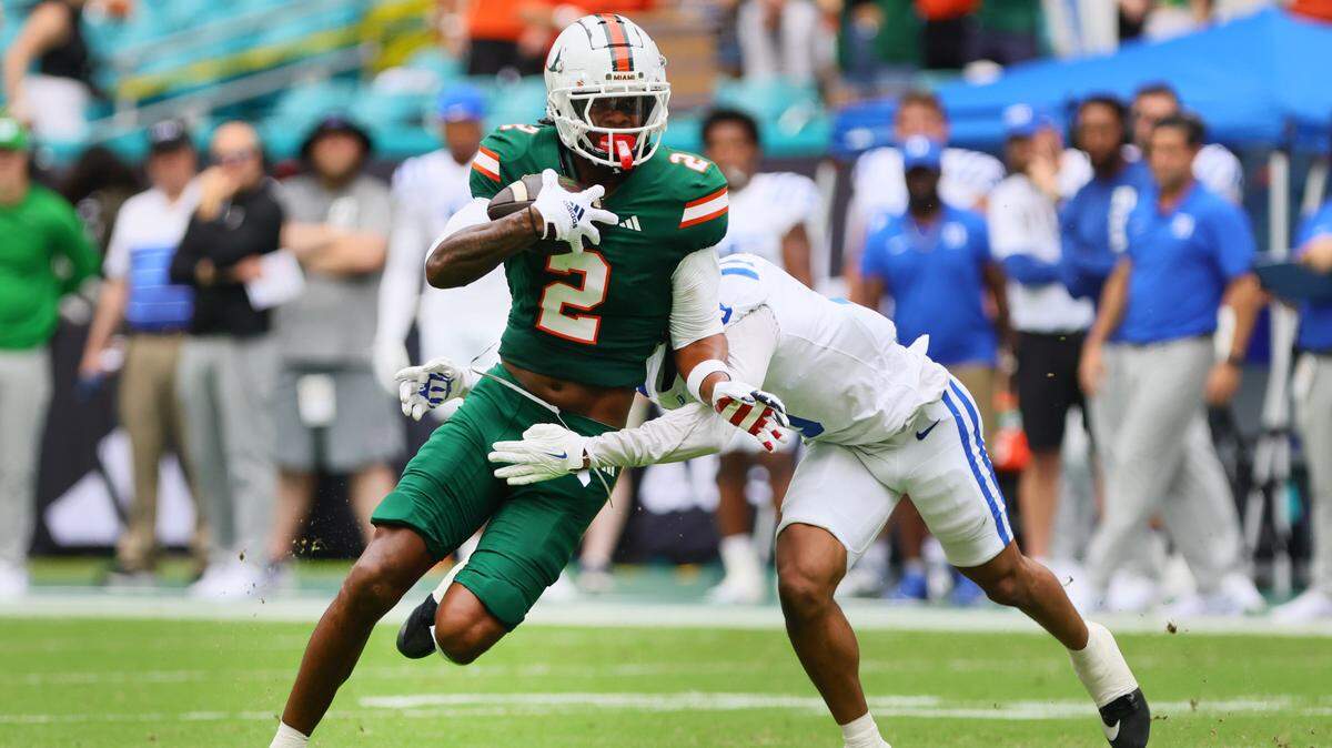 Miami Hurricanes wide receiver Isaiah Horton tries to get by Duke Blue Devils cornerback Kimari Robinson during the first quarter at Hard Rock Stadium in Miami Gardens, Florida, on Nov. 2, 2024.