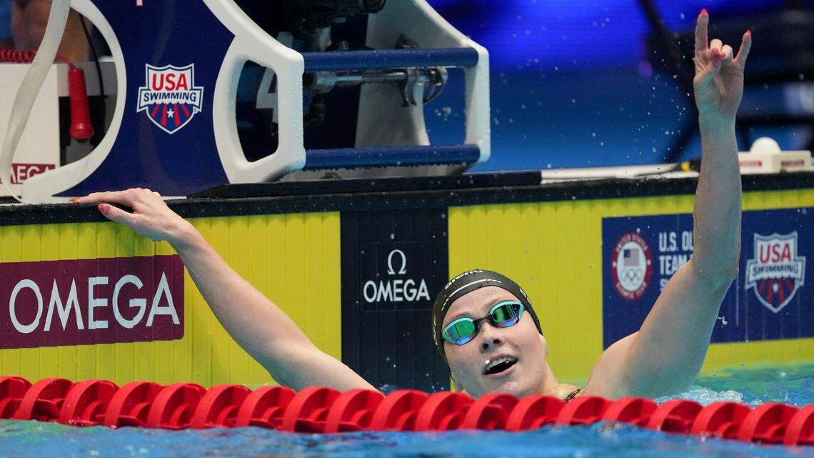 Katharine Berkoff reacts after winning the heat of the 100-meter backstroke semifinals Monday, June 17, 2024, during the third day of competition for the U.S. Olympic Team Swimming Trials at Lucas Oil Stadium in Indianapolis.