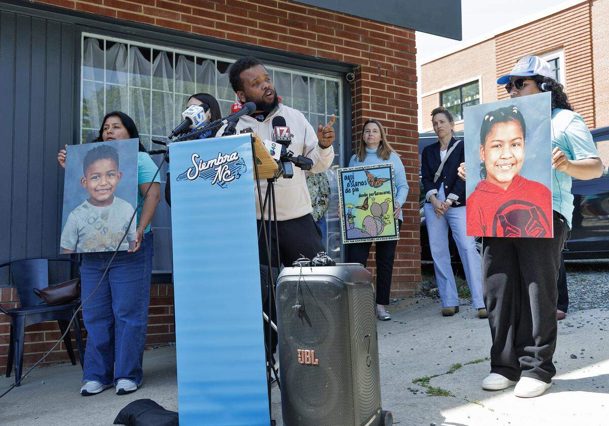 Brandon Ruffin speaks during a news conference held by Siembra NC on Thursday, April 9, 2026, in Durham, North Carolina, following the detention and deportation of two Durham Public Schools students and their parents.