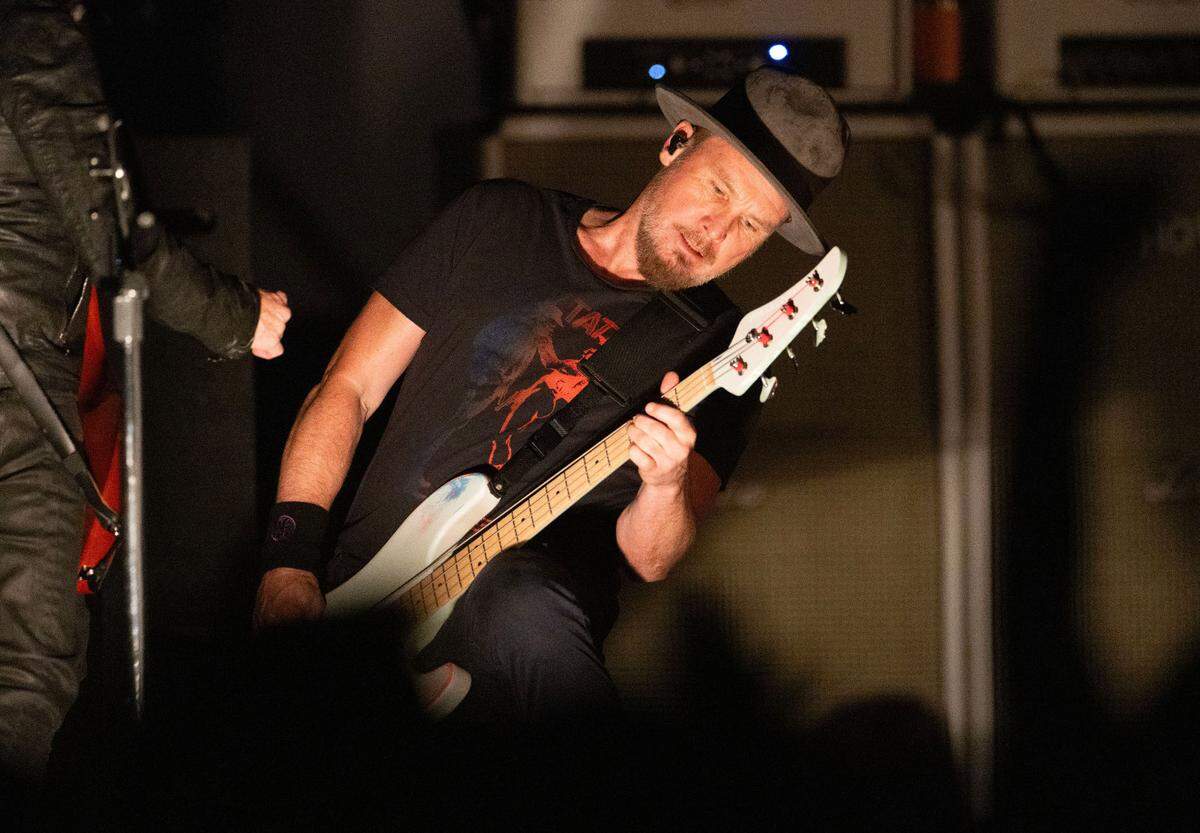 Pearl Jam bassist Jeff Ament jams in concert at Raleigh, N.C.’s Lenovo Center, Sunday night, May 11, 2025.