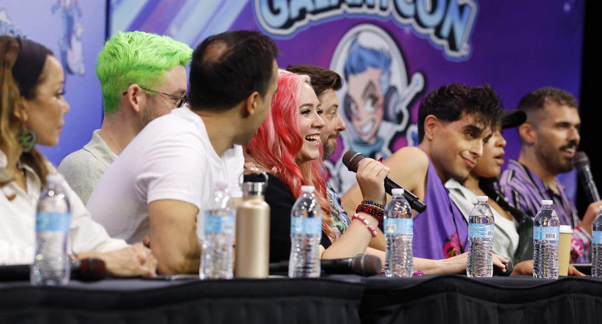 Vivienne Medrano, creator of Hazbin Hotel and Helluva Boss, center, and members of the cast answer questions during GalaxyCon Raleigh at the Raleigh Convention Center Saturday, July 26, 2025.