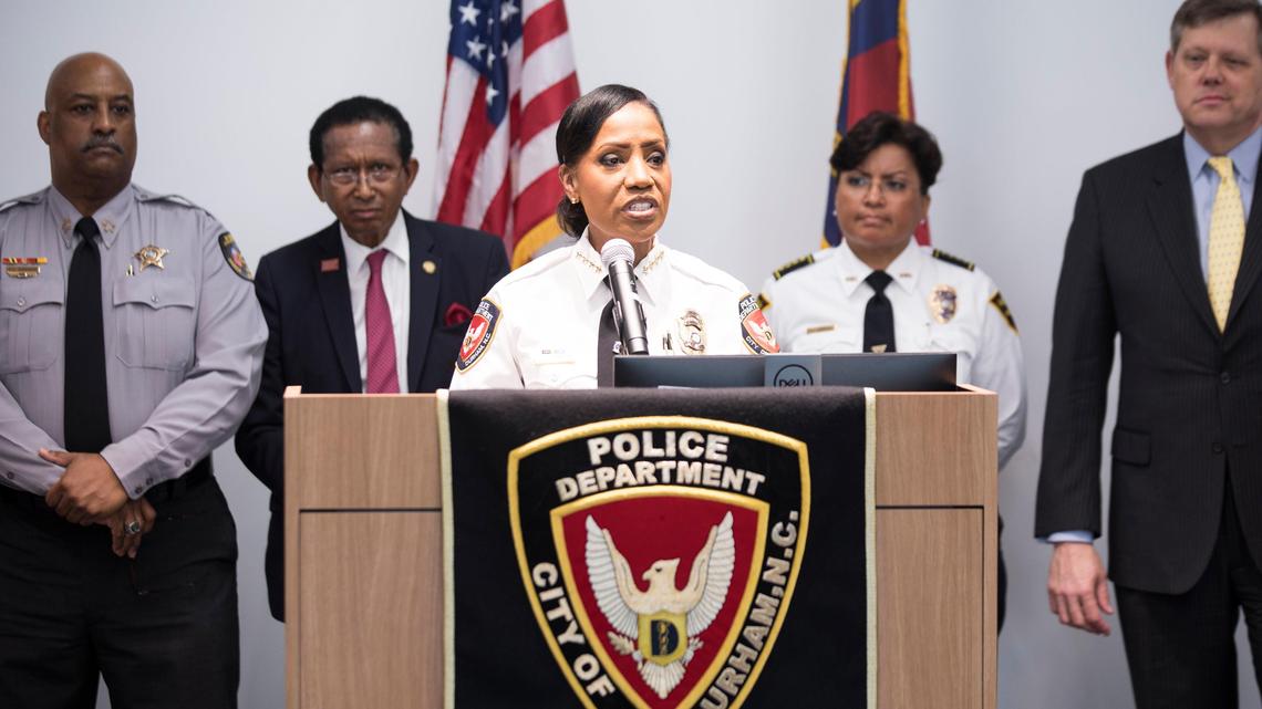 Durham Police Chief Cerelyn “C.J.” Davis addresses media and attendees of a press conference about state wide action to end gun violence on National Gun Violence Awareness Day, Friday, June 7, 2019.