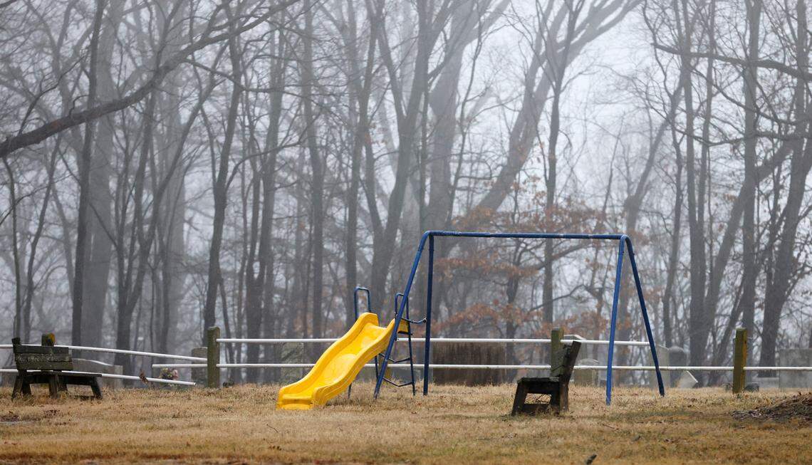 A playground area by Marvin United Methodist Church, which is within the evacuation zone for the Winston Weaver Company fertilizer plant fire, sits empty in Winston-Salem, N.C., Thursday, Feb. 3, 2022.