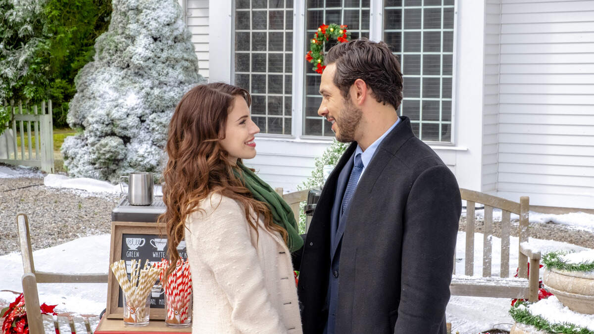 Jessica Lowndes, left, and Michael Rady in the Hallmark Christmas movie “Christmas at Pemberly Manor.”