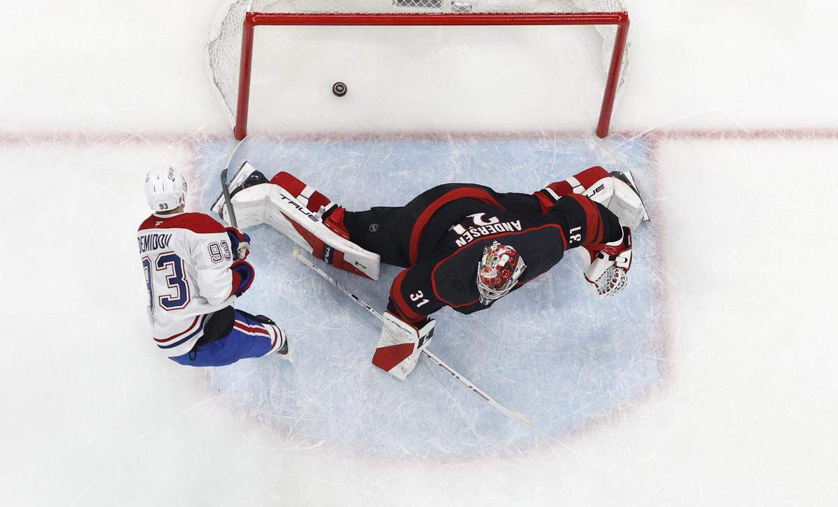 Montréal's Ivan Demidov (93) scores on Carolina's Frederik Andersen (31) during the Canadiens’ 6-2 victory over the Hurricanes in game one of the Eastern Conference Finals at the Lenovo Center Thursday, May, 21, 2026.