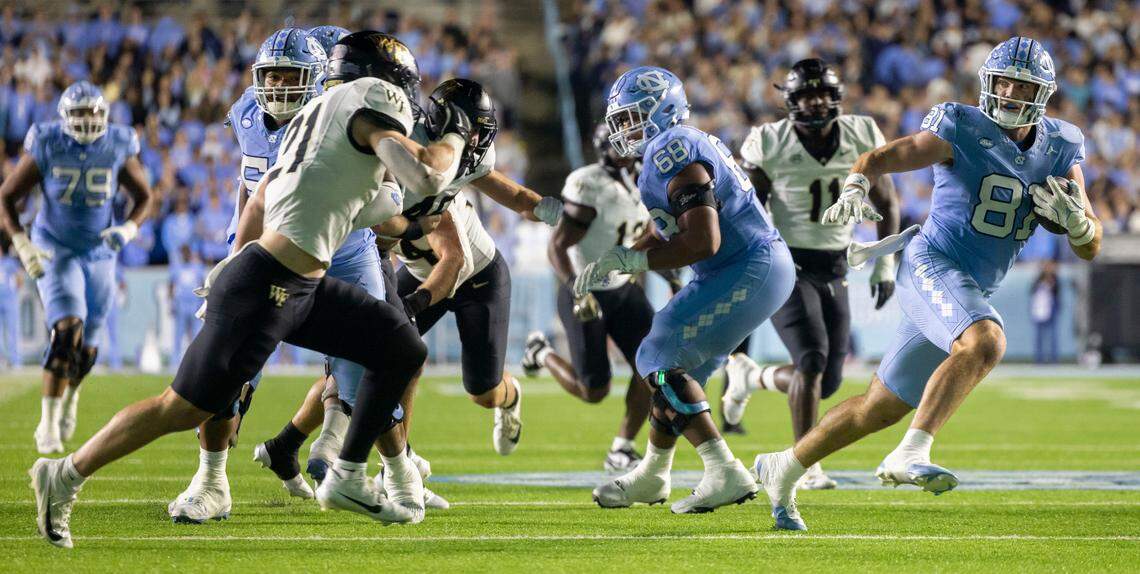 North Carolina tight end John Copenhaver (81) picks up 18-yards on a pass reception from quarterback Jacoby Criswell in the second quarter against Wake Forest on Saturday, November 16, 2024 at Kenan Stadium in Chapel Hill, N.C.