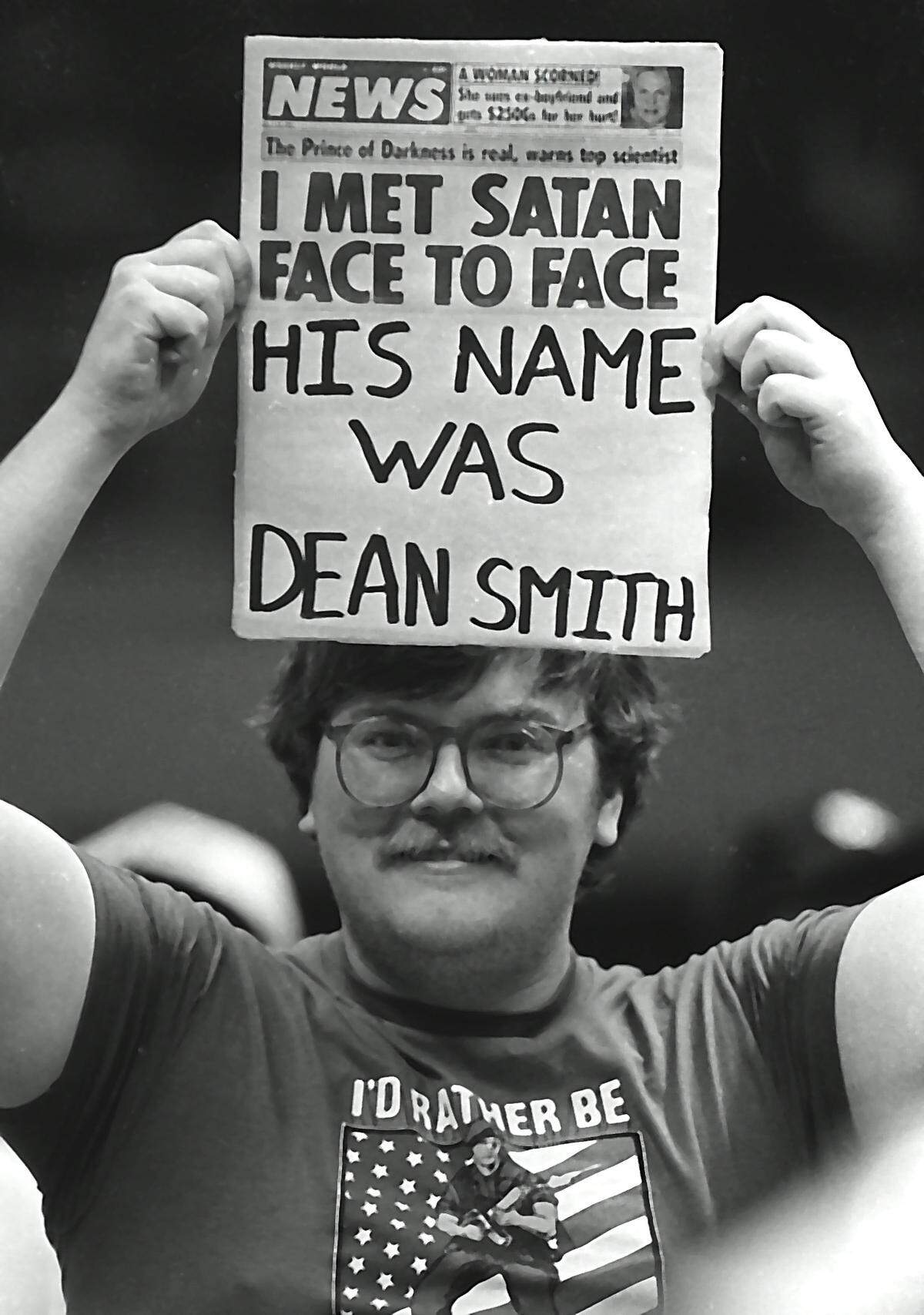 A Maryland supporter shows his disdain for UNC coach Dean Smith during the 1982 ACC tournament.  UNC went on to win the tournament, and the national championship.