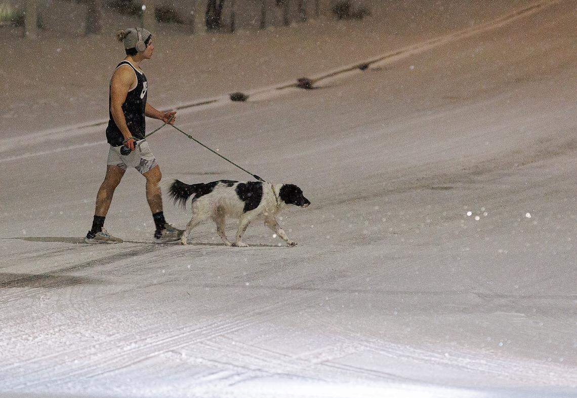 A person walks a dog across a snow-covered street in downtown Durham, N.C. on Tuesday, Jan. 21, 2025.