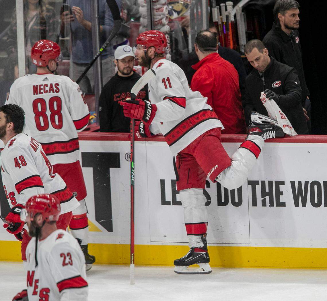 The Carolina HurricanesJordan Staal (11) gets some skate maintenance ahead of of Game 3 of the Eastern Conference Finals against the Florida Panthers on Monday, May 22, 2023 at FLA Live Arena in Sunrise, Fla.