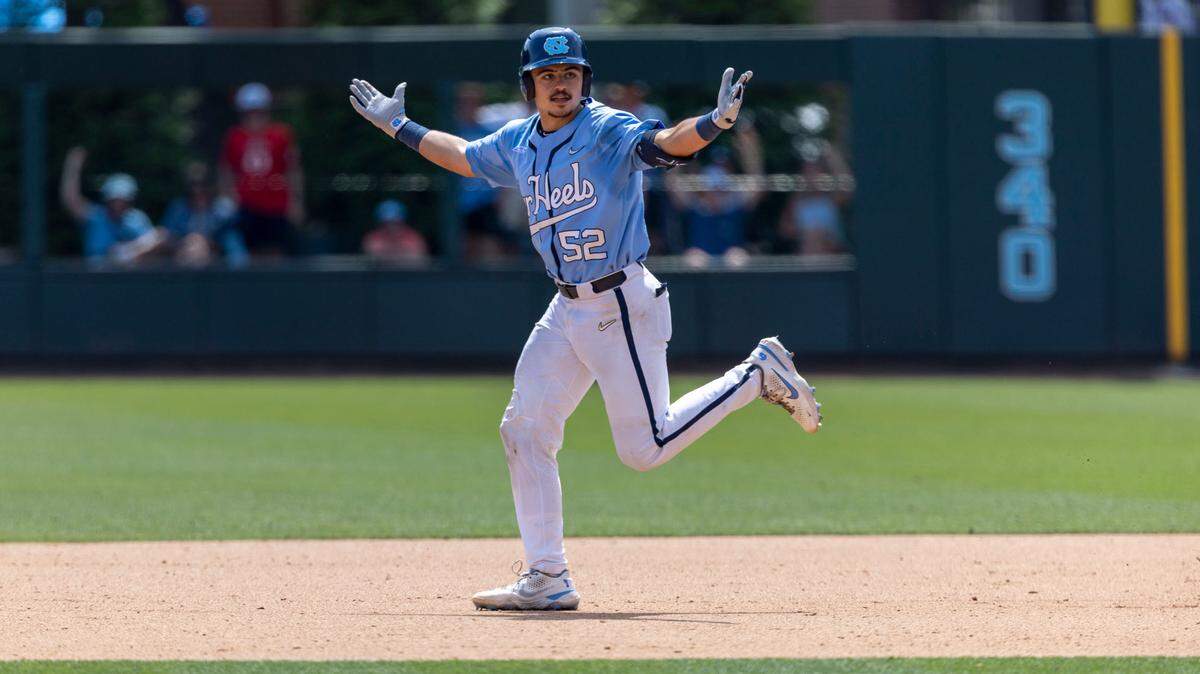 North Carolina catcher Tomas Frick (52) reacts after a home run during an NCAA regional elimination game against Georgia on Sunday, June 5, 2022 at Boshamer Stadium in Chapel Hill, N.C. Thursday, Frick was again an offensive and defensive force for the Tar Heels in a big ACC Tournament win over Virginia.