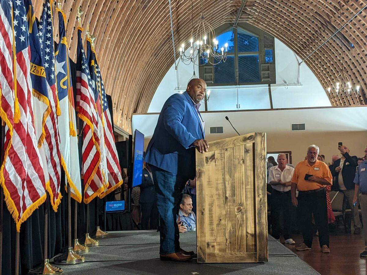 Lt. Gov. Mark Robinson speaks at an Election Night party for Republican Senate candidate Ted Budd on May 17, 2022.