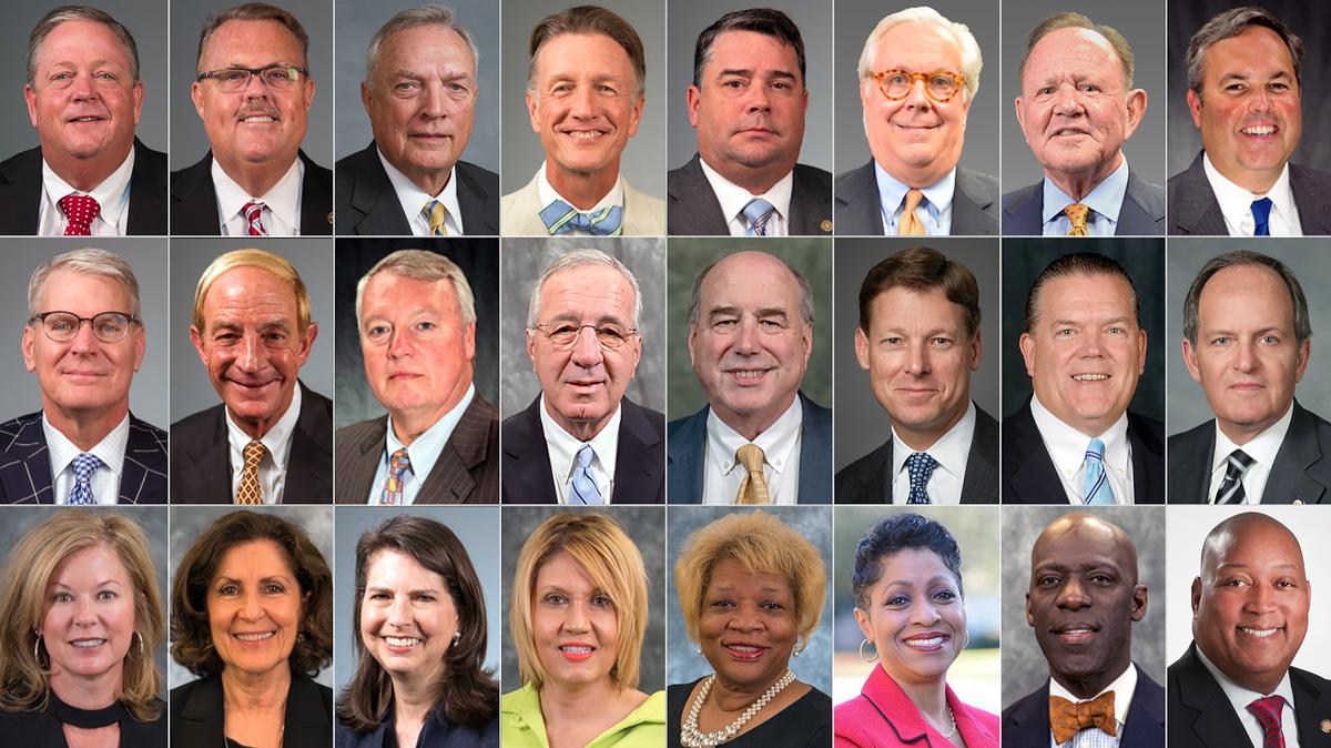 UNC System Board of Governors members, top row from left: Randy Ramsey, Wendy Floyd Murphy, Pearl Burris-Floyd, Darrell Allison, W. Louis Bissette Jr., Kellie Hunt Blue and C. Philip Byers. Second row from left: Carolyn Coward, N. Leo Daughtry, Thomas H. Fetzer, Thomas C. Goolsby, Reginald Ronald Holley and James L. Holmes Jr. Third row from left: Mark Holton, Terry Hutchens, W. Marty Kotis III, Steven B. Long, J. Alex Mitchell and Anna Spangler Nelson. Bottom row from left: R. Doyle Parrish, David Powers, Robert Rucho, Adam Schmidt, Temple Sloan, Dwight Stone and Michael Williford.