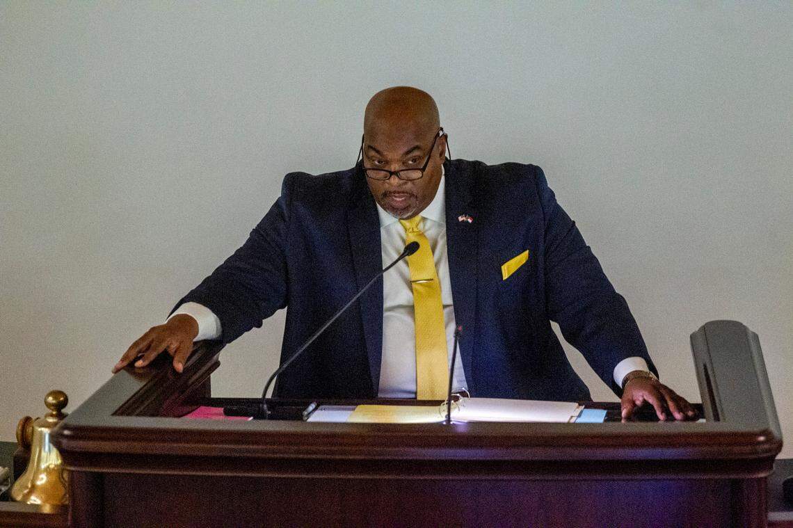 Lt. Gov. Mark Robinson presides over the Senate Monday, March 1, 2021 at North Carolina General Assembly. before a failed veto override vote on SB 37, the schools reopening bill Gov. Cooper vetoed. Some North Carolina schools have been remote-only for nearly a year.