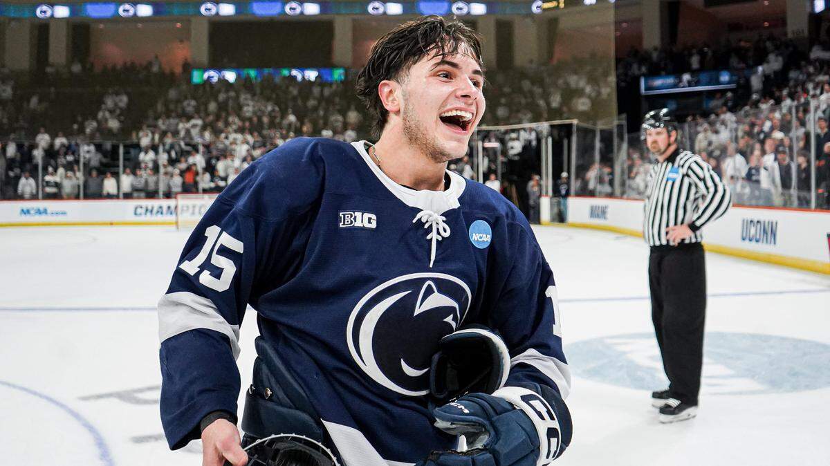 Penn State forward Charlie Cerrato, drafted by the Carolina Hurricanes in the second round of the 2025 NHL Draft, celebrates goal for Nittany Lions in 2024-25 season. 