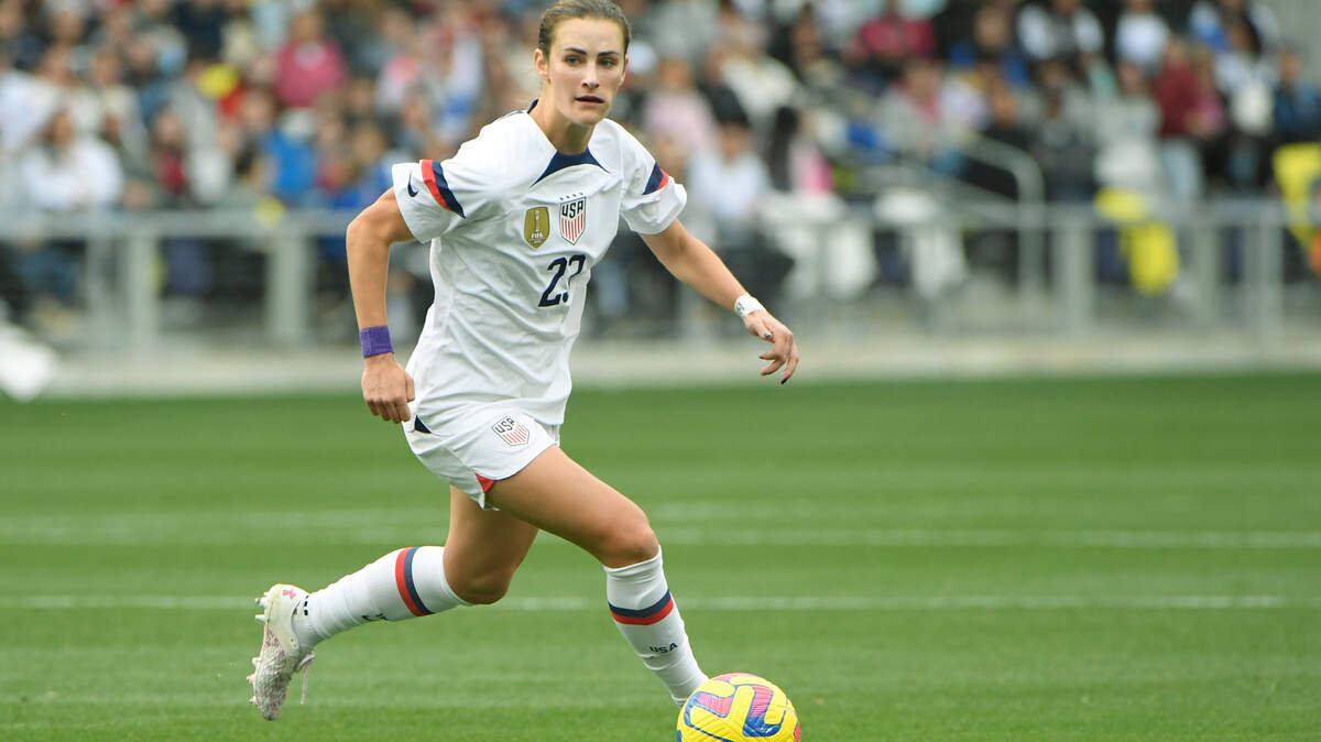 United States of America defender Emily Fox (23) dribbles the ball against the Japan during the first half at Geodis Park.