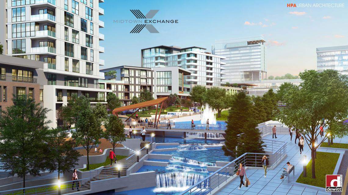 A rendering of the green space and water area at Midtown Exchange.