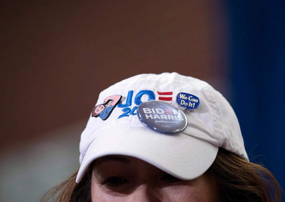 A person wears a hat supporting the Biden Harris campaign prior to an event at James B. Dudley High School on Thursday, July 11, 2024, in Greensboro, N.C.