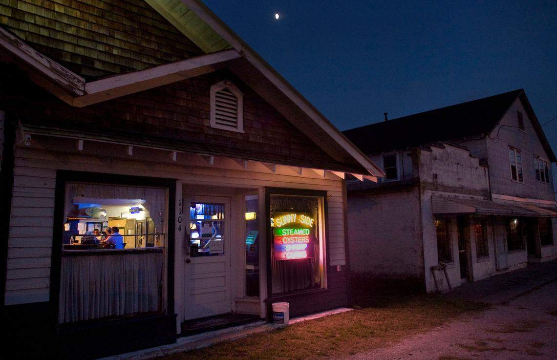 The moon rises over the Sunny Side Oyster Bar in Williamston.
