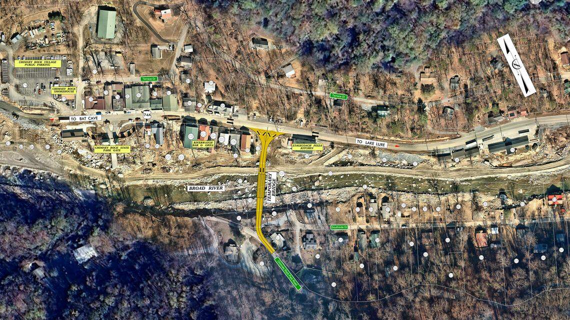 The N.C. Department of Transportation plans to build a temporary bridge across the Rocky Broad River to provide access to Chimney Rock State Park. The bridge, shown here, will allow the state to reopen the park, which has been closed since the remnants of Hurricane Helene hit Western North Carolina last September.