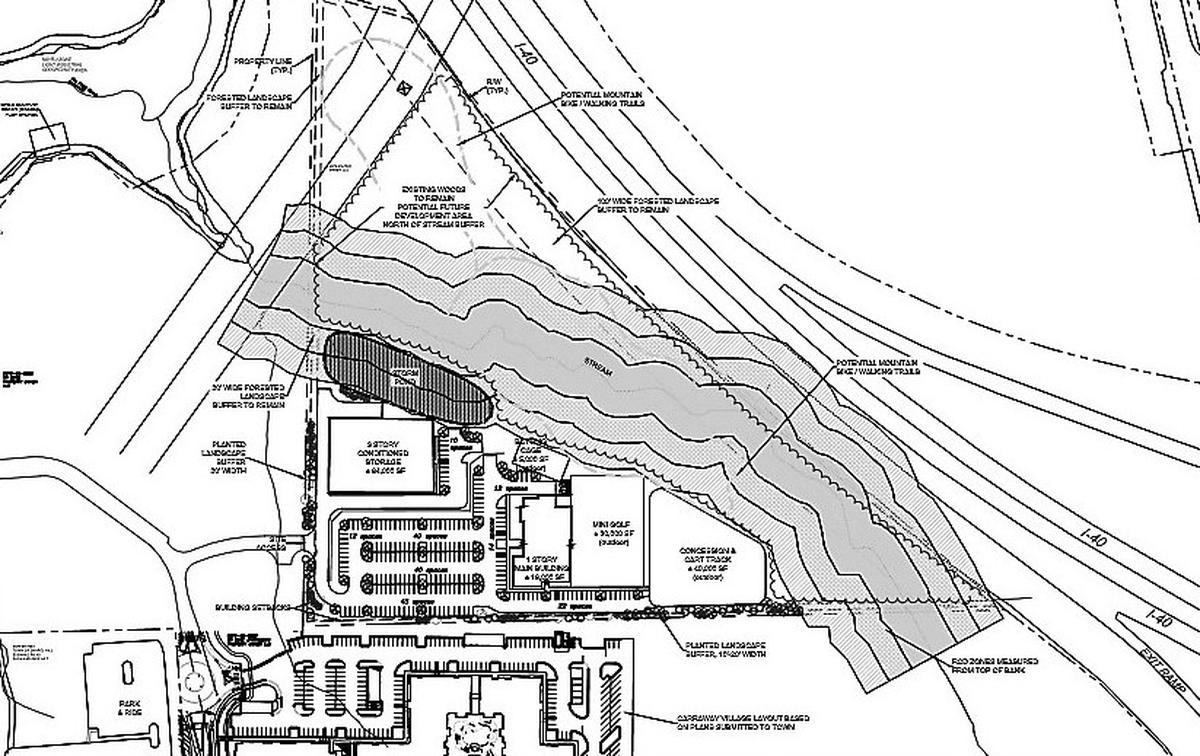 A concept plan for a Putt-Putt Fun Center on eight acres north of Carraway Village and Eubanks Road includes batting cages, a go-kart track, mini-golf, laser tag, bumper cars and more. The concept plan is not an official application.