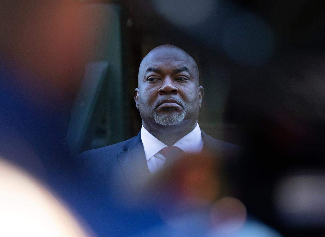 North Carolina Lt. Gov. Mark Robinson, the Republican nominee for governor, listens during a press conference on Tuesday, Oct. 15, 2024, in Raleigh, N.C.