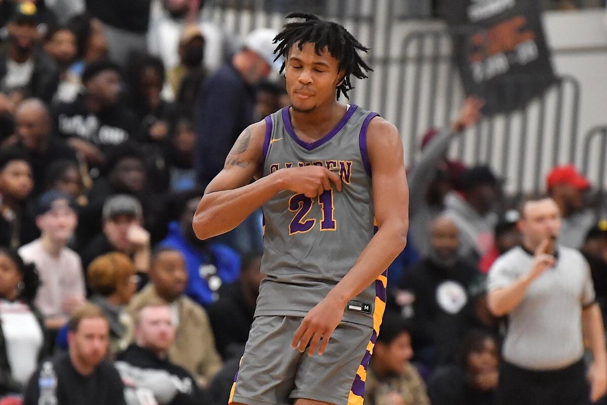 Camden’s DJ Wagner (21) reacts after making the 3 point shot in the second half. The Camden (NJ) Panthers and the Northwood Chargers met in the John Wall Holiday Invitational in Raleigh, N.C. on December 28,2022 .