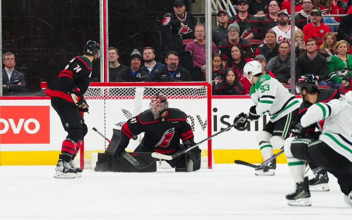 Carolina Hurricanes goaltender Spencer Martin (41) stops the scoring attempt by Dallas Stars center Wyatt Johnston (53) during the third period at Lenovo Center.