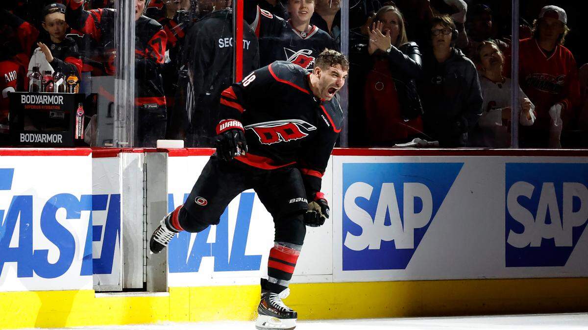 Carolina’s Jordan Martinook (48) celebrates as comes onto the ice after being named the number one star after the Hurricanes’ 5-3 victory over the Islanders in the first round of the Stanley Cup playoffs at PNC Arena in Raleigh, N.C., Monday, April 22, 2024.